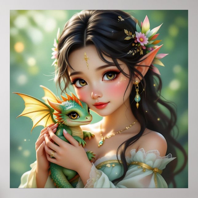Hübsche elfenhafte Fee & Drache  Poster (Vorne)