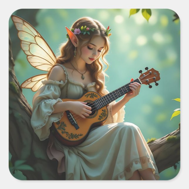 Hübsche elfenhafte Fee spielt Ukulele Quadratischer Aufkleber (Vorderseite)