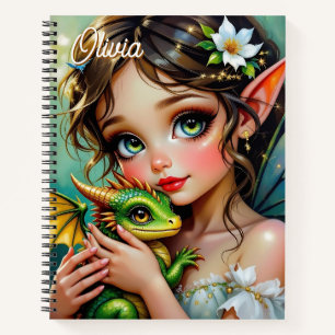 Hübsche elfenhafte Fee und personalisierter Drache Notizbuch