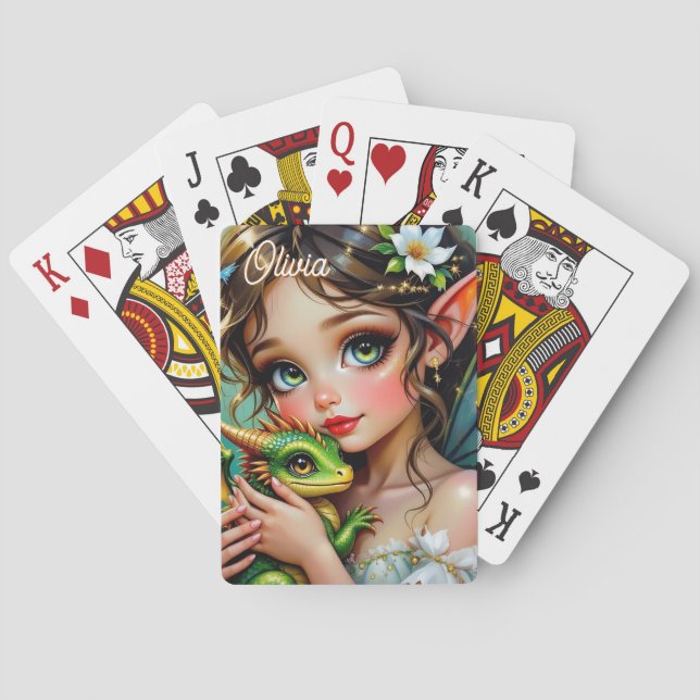 Hübsche elfenhafte Fee und personalisierter Drache Spielkarten (Rückseite)