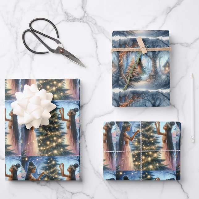 Hübsche Fairies schmücken den Weihnachtsbaum Geschenkpapier Set (Vorderseite)