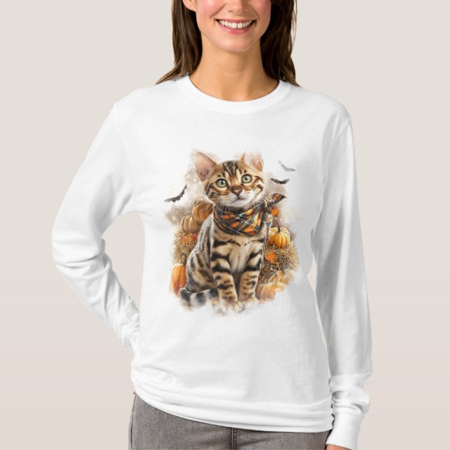 HÜBSCHE FALL THEMED BENGALISCHE KATZE MIT PUMPKINS T-Shirt (Vorderseite)