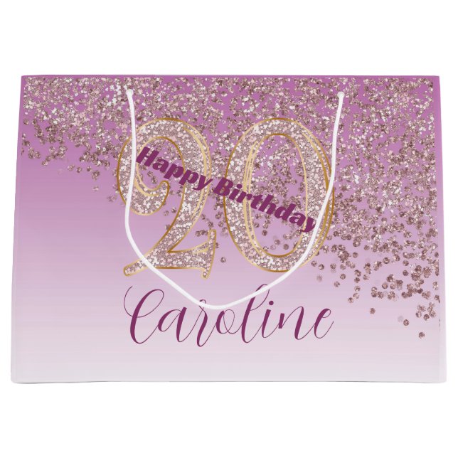 Hübsche Fallende Roségold Glitter 20. Geburtstag Große Geschenktüte (Vorderseite)