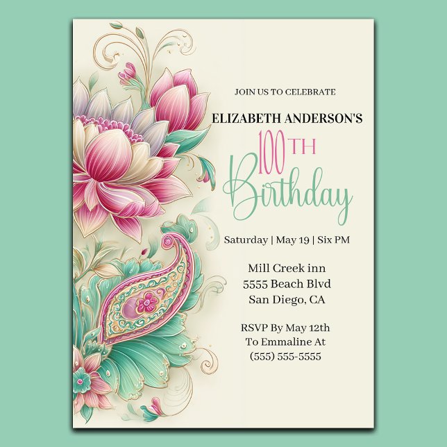 Hübsche Fancy Paisley Blume 100. Geburtstag Einladung (Von Creator hochgeladen)