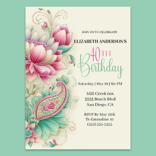 Hübsche Fancy Paisley Blume 40. Geburtstag Einladung