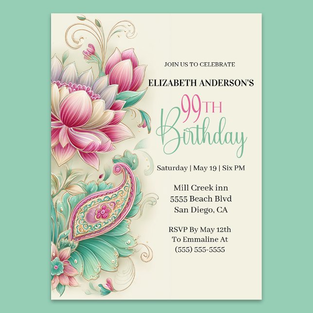 Hübsche Fancy Paisley Blume 99. Geburtstag Einladung (Von Creator hochgeladen)