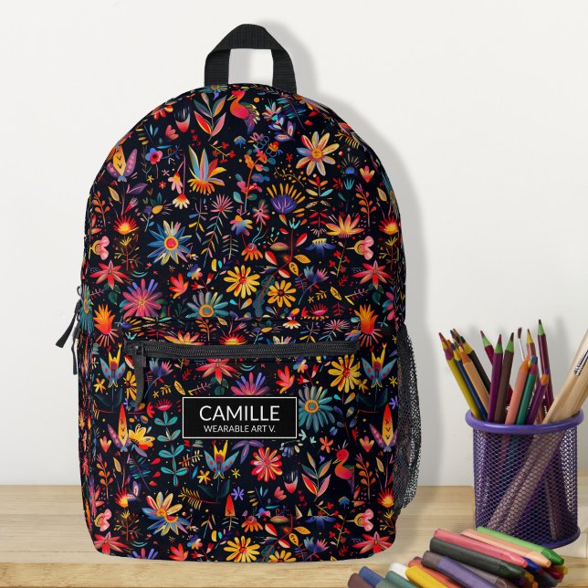 Hübsche Farben Botanischer Art Mitternacht Name Cu Bedruckter Rucksack (Pretty colorful garden flowers, botanical art midnight name custom printed backpacks, back to school)