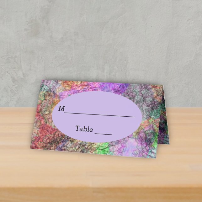 Hübsche Farben Lila Rosa Gelb Gelb Grün wirbelnd Platzkarte (Abstract swirls of colours in pastels with grey circles on standing table event place card.)