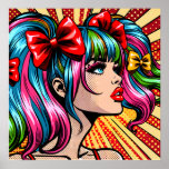 Hübsche Farben Pop Art Comic Poster<br><div class="desc">Schöne Dame mit Ferkeln und farbenfrohen blauen und rosa Haaren,  rote Lipstik,  lange Wimpern Pop Art Comic ai art.</div>