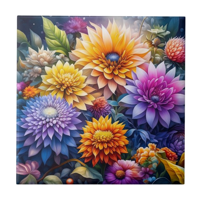 Hübsche farbenfrohe AI-Kunstblumen  Fliese (Vorderseite)