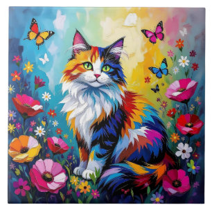 Hübsche farbenfrohe Impasto-Katze und Blumen Fliese