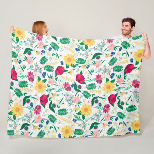 Hübsche Farbenfrohe Wildblumen Weißes Design Fleecedecke