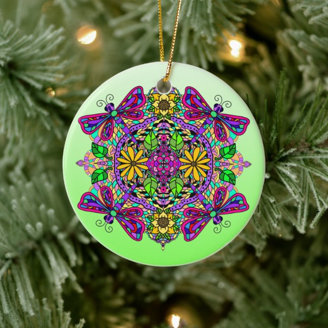 Hübsche farbige Libelle Mystical Mandala Keramik Ornament (Baum)