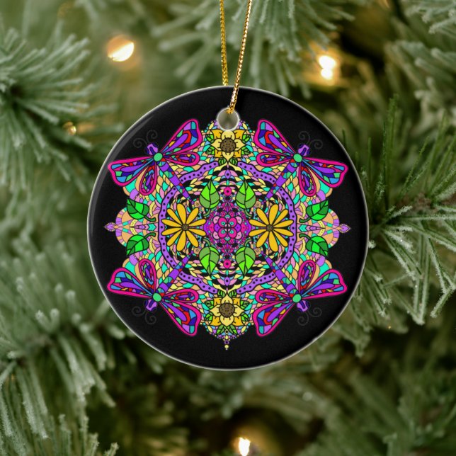 Hübsche farbige Libelle Mystical Mandala Keramik Ornament (Baum)