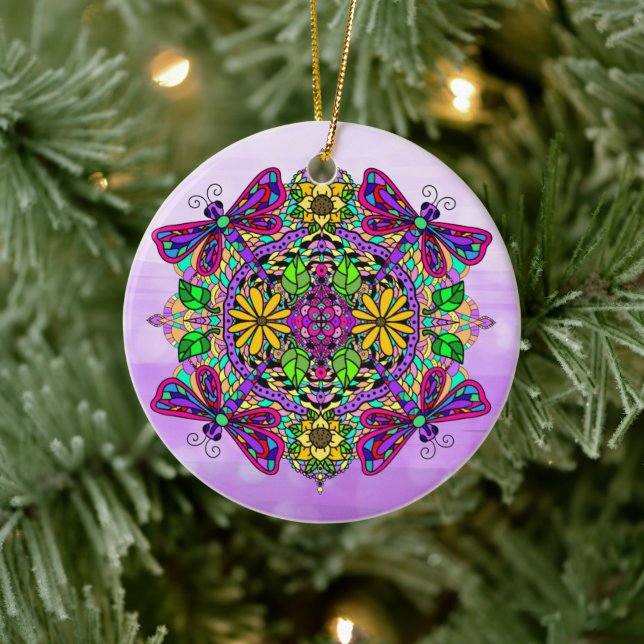 Hübsche farbige Libelle Mystical Mandala Keramik Ornament (Baum)