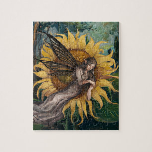 Hübsche Fee, die auf einer Sonnenblume schläft Puzzle