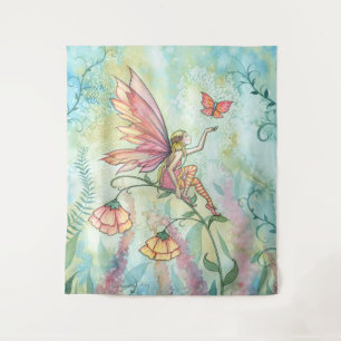 Hübsche Fee mit Schmetterling Aquarell-Kunst Wandteppich