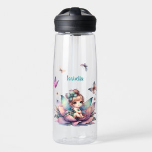 Hübsche Fee sitzt in einer Blume Trinkflasche