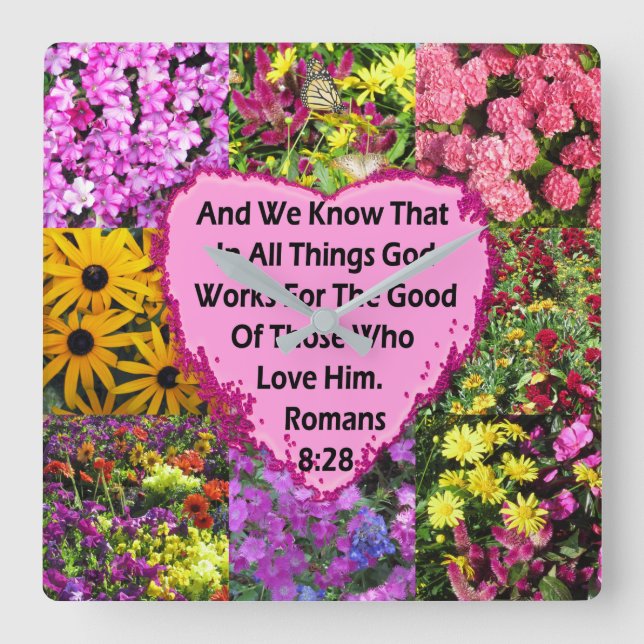 HÜBSCHE FLORAL ROMANS 8:28 SCRIPTURE VERSE QUADRATISCHE WANDUHR (Vorderseite)