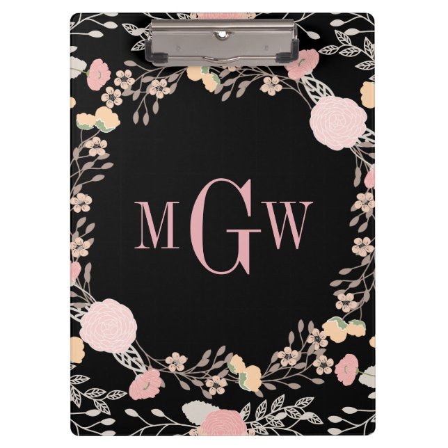 Hübsche florale Botanische Monogramm-Zwischenablag Klemmbrett (Vorderseite)