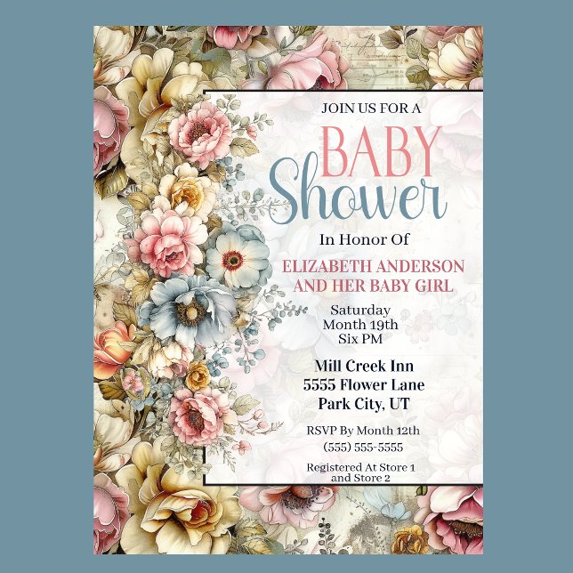 Hübsche Florale Collage Baby Shower Einladung (Vintage floral baby shower invitation with watercolor flowers and romantic botanical design
)