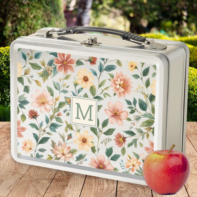 Hübsche florale Mit Monogramm Metall Brotdose (A stylish, monogrammed, metal lunch box, with floral design on both sides)