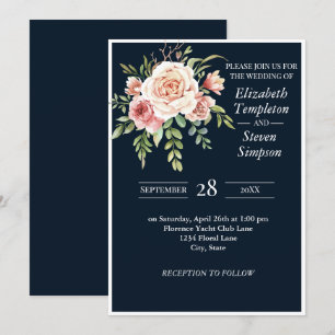 Hübsche florale Moderne Marine rosa kühne Hochzeit Einladung