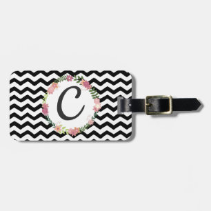 Hübsche florale Schwarz-weiße Zickzack Monogramm Gepäckanhänger
