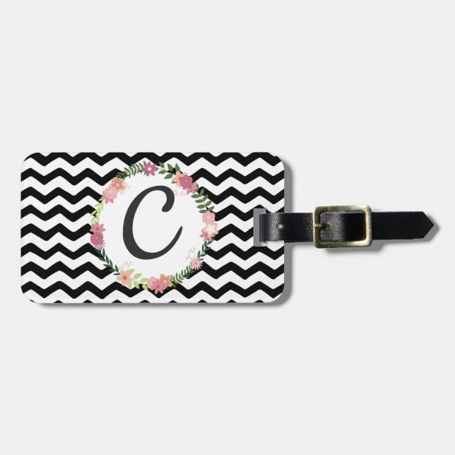 Hübsche florale Schwarz-weiße Zickzack Monogramm Gepäckanhänger (Vorderseite horizontal)