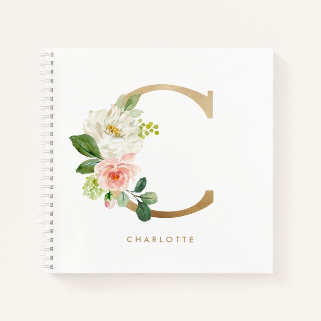 Hübsche Florals Imitats Gold Foil Letter C Monogra Notizbuch (Vorderseite)