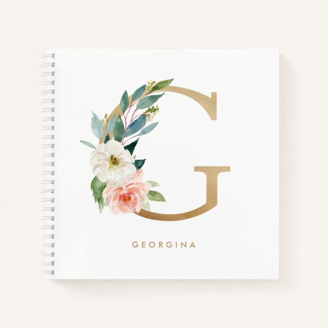 Hübsche Florals Imitats Gold Foil Letter G Monogra Notizbuch (Vorderseite)