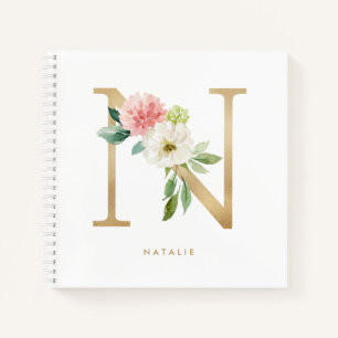 Hübsche Florals Imitats Gold Foil Letter N Monogra Notizbuch