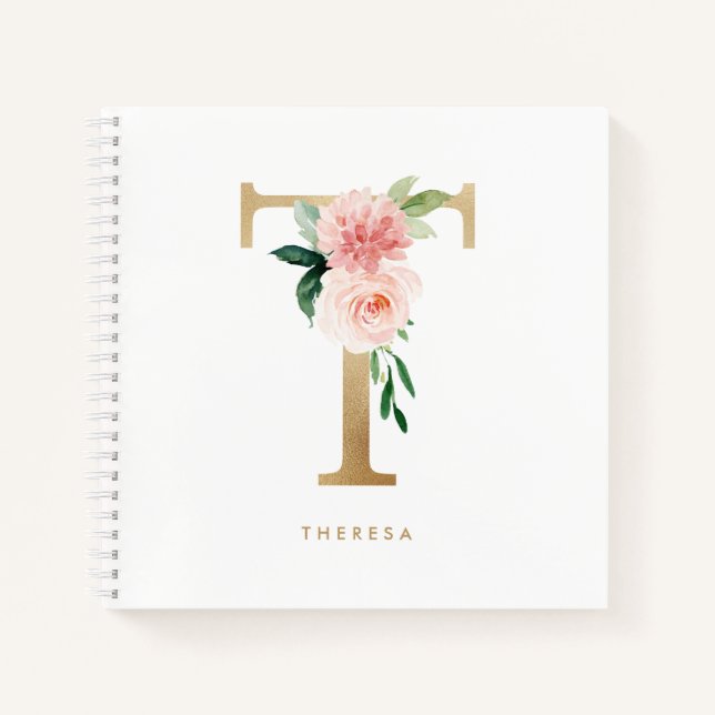 Hübsche Florals Imitats Gold Foil Letter T Monogra Notizbuch (Vorderseite)