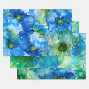 Hübsche flüssige"Fluid-Tinte-Blume Blau & Grün Geschenkpapier Set