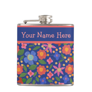 Hübsche Folk Art Floral auf Blue Hip Flask Flachmann