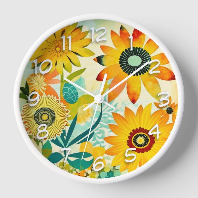 Hübsche Folklorekunst Gelbe Blumen Uhr (Vorderseite)