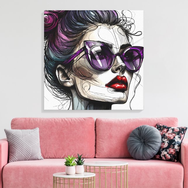 Hübsche Frau in Sonnenbrille und Lila Lipstick Leinwanddruck (Insitu (Wohnzimmer))