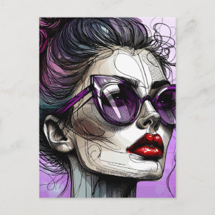 Hübsche Frau in Sonnenbrille und Purple-Sonnenbril Postkarte