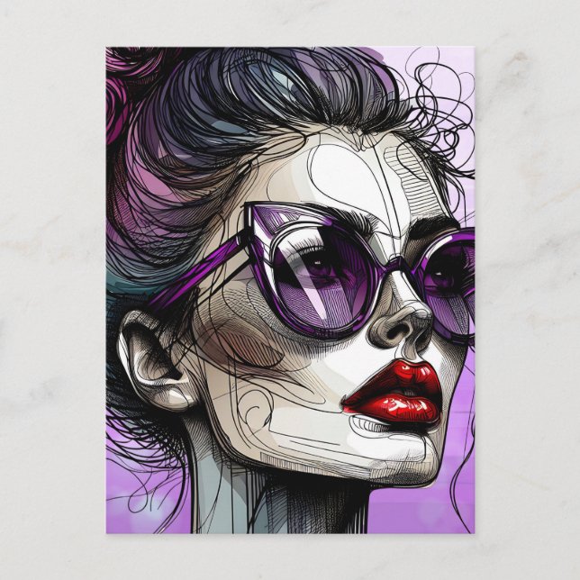 Hübsche Frau in Sonnenbrille und Purple-Sonnenbril Postkarte (Vorderseite)