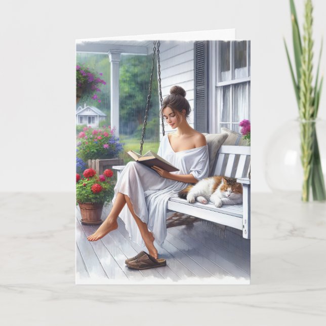 Hübsche Frau lesen ein Buch zum Geburtstag Karte (Vorderseite)