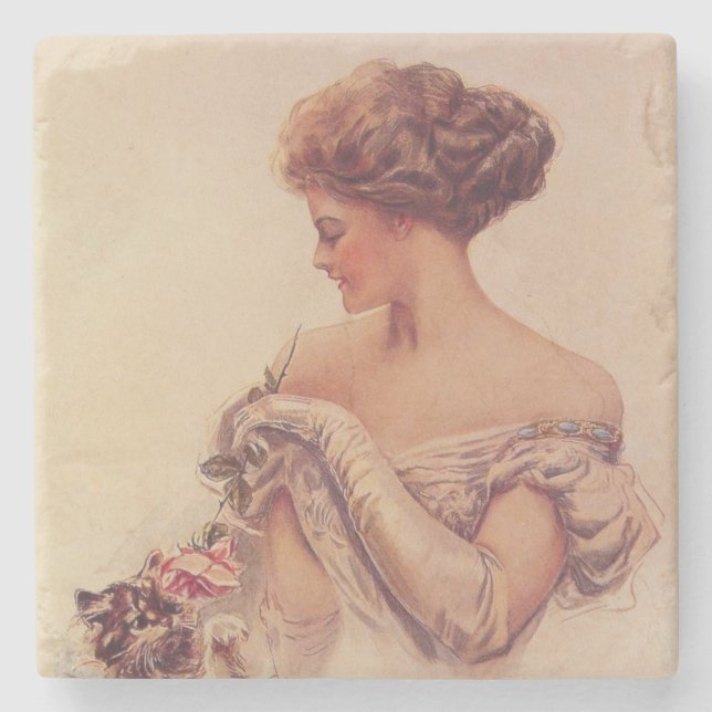 Hübsche Frau mit einem Kitten (von Harrison Fisher Steinuntersetzer (Vorderseite)