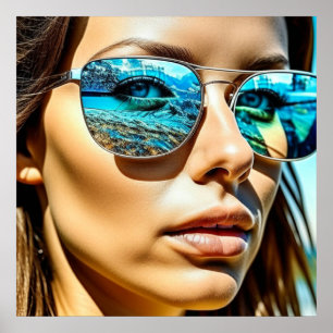 Hübsche Frau mit Reflexion der Strandsonnenbrille Poster