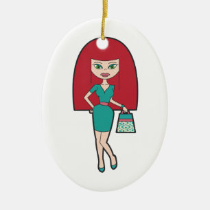 Hübsche Frau mit retro Handtasche Keramikornament