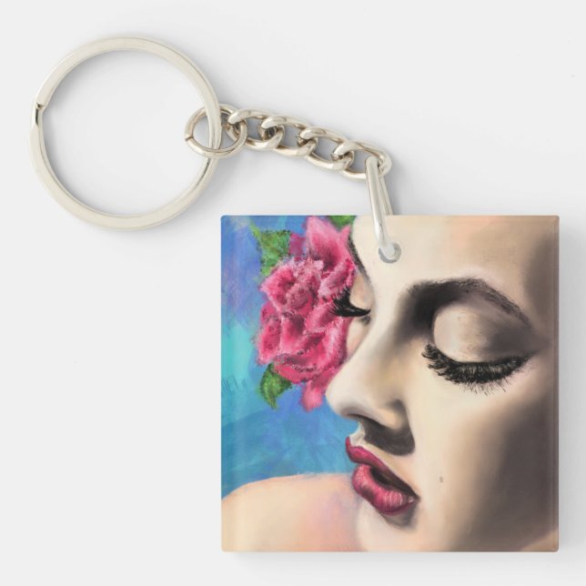 Hübsche Frau mit Rose Schlüsselanhänger (Vorderseite)