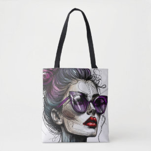 Hübsche Frau mit Sonnenbrille und lila Lippenstift