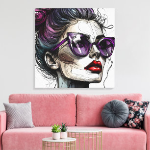 Hübsche Frau mit Sonnenbrille und lila Lippenstift Leinwanddruck