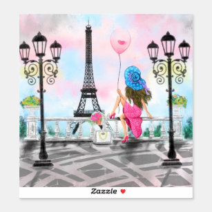 Hübsche Frau und Rosa Herzballon - I Liebe Paris Aufkleber
