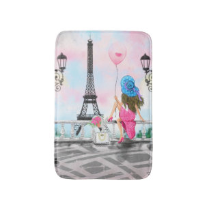 Hübsche Frau und Rosa Herzballon - I Liebe Paris Badematte