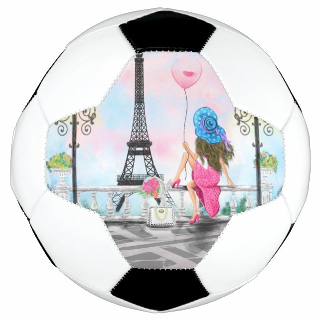 Hübsche Frau und Rosa Herzballon - I Liebe Paris Fußball (Vorderseite)