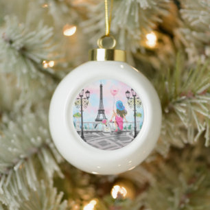 Hübsche Frau und Rosa Herzballon - I Liebe Paris Keramik Kugel-Ornament